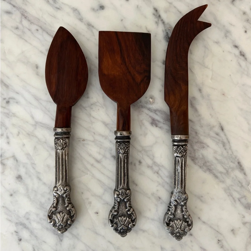 Anthropologie Cheese Knife Set 3 hardwood silver handle knives